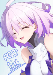  1girl absurdres ahoge anniversary armor armored_dress bare_shoulders blue_background breastplate breasts closed_eyes collar detached_sleeves dress fate/grand_order fate_(series) highres large_breasts mash_kyrielight mash_kyrielight_(paladin) medium_hair metal_collar mikky_dksla multicolored_hair open_mouth pink_hair purple_hair short_hair smile solo teeth upper_teeth_only 