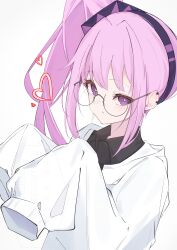  1girl absurdres ai-chan_(arcaea) arcaea black_hairband black_shirt collared_shirt commentary_request culumi_0416 hairband heart highres jacket long_hair long_sleeves looking_at_viewer ponytail purple_hair semi-rimless_eyewear shirt simple_background sleeves_past_fingers sleeves_past_wrists smile solo under-rim_eyewear upper_body violet_eyes white_background white_jacket 