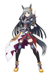  1girl animal_ears belt blue_eyes blush breasts chrono_genesis_(prismatic_curator)_(umamusume) chrono_genesis_(umamusume) commentary_request cosplay detached_sleeves fingerless_gloves full_body gloves grey_hair hair_between_eyes hair_ornament horse_ears horse_girl horse_tail kamen_rider_zi-o kamen_rider_zi-o_(cosplay) long_hair looking_at_viewer ridewatch smile solo tail tenkey2022 thigh-highs umamusume white_background ziku-driver 