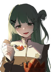  1girl absurdres akiha_school_uniform bang_dream! bang_dream!_yumemita black_shirt chinese_commentary commentary_request food fruit green_hair hair_bun hair_ornament hairclip highres holding holding_spoon jiu_ye_sang long_hair long_sleeves looking_at_viewer one_side_up open_mouth school_uniform shirt simple_background single_side_bun solo spoon strawberry upper_body viola_(bang_dream!) white_background 