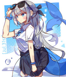  1girl adjusting_eyewear black_skirt blue_bow blue_bowtie blue_eyes blunt_bangs blush border bow bowtie bracelet bright_pupils closed_mouth collared_shirt commentary cropped_legs eyewear_on_head fins fish_tail grey_hair hair_bow highres jewelry long_hair miniskirt original outside_border pleated_skirt shark_tail shirt short_sleeves sidelocks skirt solo sunglasses tail tetenka white_border white_pupils white_shirt 