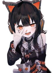  1girl ahoge animal_ear_headphones animal_ears arm_belt asymmetrical_sleeves bare_shoulders belt belt_collar black_choker black_hair black_nails black_sweater cat_ear_headphones cat_ears choker collar cross-laced_clothes cross-laced_dress dress eyeball_hair_ornament fake_animal_ears hand_over_eye headphones highres layered_dress long_sleeves looking_at_viewer mahou_shoujo_no_majo_saiban matsuri_(maturina8231) multicolored_hair nail_polish off-shoulder_sweater off_shoulder open_mouth orange_eyes orange_nails orange_streaks sawatari_coco sharp_teeth shirt short_hair simple_background single_bare_shoulder skirt skull slit_pupils solo streaked_hair striped_sleeves stuffed_animal stuffed_cat stuffed_toy sweater teeth upper_body white_background white_shirt white_skirt 