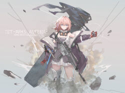  1girl absurdres artist_name asteria_(girls'_frontline_2) blue_eyes character_name chinese_commentary commentary_request dated girls'_frontline_2:_exilium girls_frontline gloves goggles goggles_around_neck grey_background highres holding_detonator jacket mai_(xskdizzy) open_clothes open_jacket pink_hair pink_jacket red_gloves scope simple_background solo st_ar-15_(girls'_frontline) suppressor weapon_name 