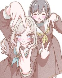  2girls :d ^_^ a_deru_note alfaromio aqua_neckerchief black_hair blue_eyes brown_dress ceras_yanagida_lilienfeld closed_eyes commentary double_inward_v double_v dress edel_note grey_hair hair_ornament hair_ribbon hasu_no_sora_school_uniform inward_v katsuragi_izumi long_hair long_sleeves looking_at_viewer love_live! love_live!_hasu_no_sora_jogakuin_school_idol_club multiple_girls neckerchief open_mouth pink_ribbon ribbon sailor_collar sailor_dress school_uniform simple_background smile triangle_hair_ornament v virtual_youtuber white_background white_sailor_collar winter_uniform yellow_neckerchief 