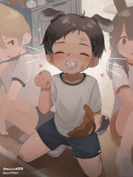  1girl 2boys absurdres animal_ears ball baseball_(object) baseball_mitt biting black_hair child closed_eyes dog_boy dog_ears dog_tail gym_shirt gym_shorts gym_uniform happy highres light_blush male_focus multiple_boys omurice_(roza4957) original shirt short_hair shorts smile squatting tail 