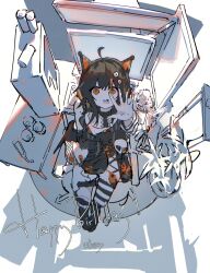  1girl absurdres ahoge animal_ear_headphones animal_ears arm_belt artist_name asymmetrical_legwear asymmetrical_sleeves belt belt_collar black_choker black_hair black_shoes black_sweater can cat_ear_headphones cat_ears choker collar commentary_request cross-laced_clothes cross-laced_dress eyeball_hair_ornament fake_animal_ears fang foopy full_body hand_over_eye happy_birthday headphones highres leg_belt long_sleeves looking_at_viewer mahou_shoujo_no_majo_saiban monitor multicolored_hair open_mouth orange_eyes orange_streaks sawatari_coco shirt shoes short_hair signature single_bare_shoulder single_thighhigh sitting skull slit_pupils solo streaked_hair striped_clothes striped_sleeves striped_thighhighs stuffed_animal stuffed_cat stuffed_toy sweater thigh-highs twitter_username white_background white_shirt 