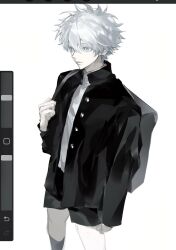  1boy aged_down art_program_in_frame bag black_jacket black_shorts black_socks buttons closed_mouth commentary_request gakuran gojo_satoru hair_between_eyes highres jacket jujutsu_kaisen kneehighs male_focus school_uniform serisqsek9 shirt short_hair shorts shoulder_bag simple_background socks solo standing white_background white_hair white_shirt 