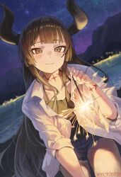  1girl absurdres black_hair black_horns blue_shorts blush camisole closed_mouth collarbone commentary diein_(djmax) djmax djmax_respect fireworks green_camisole green_eyes highres holding holding_fireworks horns korean_commentary long_hair looking_at_viewer night open_clothes open_shirt outdoors shirt short_shorts shorts sky solo star_(sky) starry_sky upper_body white_shirt yc97 