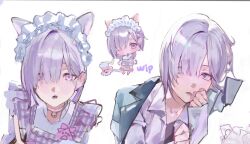  1boy :o alternate_costume animal_ears apron bell black_shirt blue_jacket bob_cut cat_boy cat_ears cat_tail chibi chibi_inset choker commentary crossdressing crossdressing_(mtf) curled_fingers dress_shirt full_body hair_behind_ear hair_over_one_eye hand_on_own_face head_tilt highres jacket jacket_on_shoulders lapels layered_shirt long_sleeves looking_at_viewer looking_to_the_side lower_teeth_only maid maid_headdress male_focus male_maid multiple_views neck_bell nijisanji one_eye_covered open_clothes open_mouth open_shirt pink_choker plaid_apron plaid_clothes purple_apron purple_hair screenshot shirose_isumi shirt short_hair sideways_glance simple_background sleeves_past_wrists straight_hair tail teeth trap ttj_1023 unfinished untranslatable_commentary upper_body violet_eyes virtual_youtuber white_background white_shirt 
