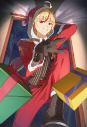 1boy absurdres ahoge alternate_costume black_boots black_gloves blonde_hair boots box christmas fate/grand_order fate_(series) gift gift_box gloves grin hat highres hood jacket long_sleeves looking_at_viewer male_focus mikky_dksla multicolored_hair pants red_eyes red_hair red_hat red_jacket red_pants richard_i_(fate) santa_costume santa_hat shirt short_hair smile solo stepping_on_viewer streaked_hair window 