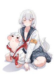  1girl aningay armband blue_sailor_collar blue_skirt character_doll collarbone commentary_request doll full_body grey_hair hair_ornament hairclip highres indian_style korean_commentary long_hair long_sleeves looking_at_viewer low_twintails narrowed_eyes neckerchief pleated_skirt pursed_lips red_neckerchief safety_pin sailor_collar school_uniform serafuku shirt simple_background sitting skirt socks solo thick_eyebrows thick_eyelashes trickcal twintails uros_(trickcal) very_long_hair white_background white_shirt white_socks yellow_armband yellow_eyes 