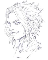  1boy all_might boku_no_hero_academia highres lineart male_focus medium_hair monochrome parted_lips portrait shirt signature sketch smile solo stanley_lau 
