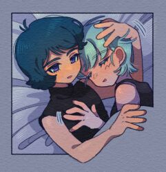  1boy 1girl black_tank_top blue_eyes closed_eyes commentary_request four_murasame gundam hand_on_another's_chest hand_on_another's_head hetero kamille_bidan looking_at_another open_mouth pari_pari_kyabetu220 sleeping sleeveless tank_top under_covers zeta_gundam 