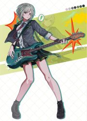  ! 1girl ankle_boots ankle_socks bass_guitar black_boots black_skirt black_socks bloomfesruii boots collared_shirt commentary contrast_lapels dot_nose dress_shirt drop_shadow english_commentary fender_jazz_bass full_body green_eyes green_trim grey_hair grey_jacket grid_background highres hinomori_shiho holding holding_bass_guitar holding_instrument instrument jacket lapels looking_at_viewer miniskirt necktie notched_lapels open_clothes open_jacket parted_lips playing_bass_guitar playing_instrument pleated_skirt project_sekai red_necktie shirt short_hair sidelocks skirt socks solo spoken_exclamation_mark standing striped_clothes striped_necktie swept_bangs untucked_shirt white_shirt 