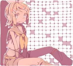  1girl bad_drawr_id bad_id belt black_sailor_collar black_shorts blonde_hair bright_pupils closed_mouth hair_ornament hair_ribbon hairclip headphones headset kagamine_rin leg_warmers neckerchief ogi_(sham00) parallel_hairclips ribbon sailor_collar shirt short_hair shorts sitting solo vocaloid white_pupils white_ribbon white_shirt yellow_belt yellow_neckerchief 