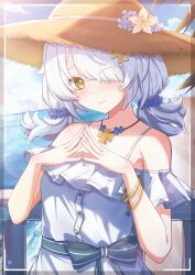  1girl absurdres alternate_costume bare_shoulders blue_nails blue_sky blush bracelet commentary_request dracaene_sunbringer dress enpixi frilled_dress frills grey_hair hair_over_one_eye hat highres jewelry looking_at_viewer multiple_bracelets necklace ocean outdoors own_hands_together sky smile solo straw_hat sun_hat upper_body viewfinder water white_dress yellow_eyes zenless_zone_zero 