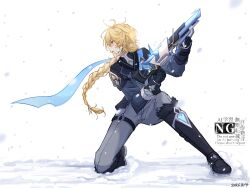  1boy aether_(genshin_impact) aether_(night_hunt_in_snow)_(genshin_impact) ahoge black_boots black_gloves black_jacket black_shirt blonde_hair blue_cape boots braid brown_eyes cape commentary_request dated earrings floating_cape floating_hair full_body fur-trimmed_boots fur-trimmed_sleeves fur_trim genshin_impact gloves grey_pants gun hair_between_eyes hair_ornament hair_ribbon hair_tubes handgun hands_up highres holding holding_gun holding_weapon jacket jewelry long_hair long_sleeves looking_to_the_side low-braided_long_hair low-tied_long_hair male_focus official_alternate_costume on_one_knee open_mouth pants ribbon rinbo_7140 shirt simple_background single_braid single_earring single_hair_tube snow snowing solo spread_legs teeth thigh_strap v-shaped_eyebrows watermark weapon white_background white_ribbon winter 