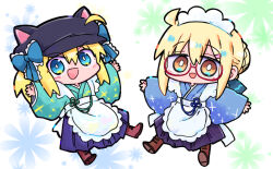  2girls :d ahoge animal_ears animal_hat apron artoria_pendragon_(fate) black_hat blonde_hair blue_bow blue_eyes blue_kimono blush boots bow braid brown_boots brown_eyes chibi commentary_request enmaided fake_animal_ears fate/grand_order fate_(series) floral_background frilled_apron frills glasses hair_between_eyes hair_bun hair_ornament hair_through_headwear hairclip hakama hakama_skirt hat japanese_clothes kasuga_yuuki kimono long_sleeves maid maid_headdress multiple_girls mysterious_heroine_x_(fate) mysterious_heroine_x_alter_(fate) newsboy_cap purple_hakama red-framed_eyewear semi-rimless_eyewear shoe_soles skirt sleeves_past_wrists smile under-rim_eyewear wa_maid white_apron white_background wide_sleeves 