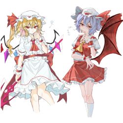  2girls absurdres artist_collaboration ascot back_bow bat_wings blonde_hair blue_hair bow brooch collared_shirt commentary_request cosplay costume_switch crystal crystal_wings flandre_scarlet flandre_scarlet_(cosplay) frilled_shirt_collar frilled_skirt frilled_wrist_cuffs frills hat hat_ribbon highres holding holding_polearm holding_weapon jewelry kanaria_(bcomn) kneehighs long_hair looking_at_viewer mob_cap multicolored_wings multiple_girls one_side_up polearm red_ascot red_bow red_eyes red_nails red_skirt red_vest red_wrist_cuffs remilia_scarlet remilia_scarlet_(cosplay) ribbon shirt short_hair siblings simple_background sisters skirt skirt_set socks spear spear_the_gungnir tomura_amane touhou translation_request vest weapon white_background white_hat white_shirt white_skirt white_socks wings wrist_cuffs yellow_ascot 