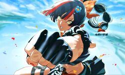  1girl black_hair black_shirt black_skirt blue_sky braid braided_ponytail choya_hanabi choya_hanabi_(1st_costume) clenched_hand clenched_teeth commentary_request copyright_name copyright_notice flower hair_flower hair_ornament hair_ribbon highres long_hair looking_at_viewer m8ea3 midriff multicolored_hair nail_polish official_art orange_ribbon pleated_skirt punching red_hair red_nails red_streaks ribbon sample_watermark shirt short_sleeves skirt sky solo streaked_hair sweat teeth thigh_strap virtual_youtuber vspo! watermark yellow_eyes 