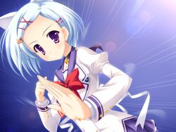  1girl animal_ears back_ribbon bell black_choker blue_hair bow bowtie buttons cat_ears cat_hair_ornament charlotte_vaasa choker closed_mouth collarbone double-breasted dutch_angle emblem emphasis_lines fighting_stance game_asset hair_ornament hairclip hands_up highres jacket jingle_bell juliet_sleeves lapels long_sleeves looking_at_viewer miniskirt nanairo_kouro naruse_mamoru non-web_source parted_bangs pleated_skirt puffy_sleeves purole_eyes purple_sailor_collar purple_skirt red_bow red_bowtie ribbon sailor_collar school_uniform self-datamine shirt short_hair shoulder_boards skirt solo standing striped_clothes violet_eyes white_jacket white_ribbon white_shirt x_hair_ornament 