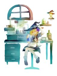  1girl apron back_bow black_hat black_shoes black_skirt black_vest blonde_hair bow braid candle character_doll chinese_commentary collared_shirt commentary_request desk doll erlenmeyer_flask flask hair_bow hat hat_bow highres holding holding_flask kirisame_marisa long_hair mary_janes mu_bu shirt shoes short_sleeves side_braid single_braid sitting skirt socks solo touhou vest waist_apron white_apron white_bow white_shirt white_socks witch_hat yellow_eyes 