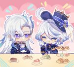  1boy 1girl ahoge ascot asymmetrical_gloves black_ascot black_gloves blue_hair blue_headwear blue_jacket blush cake cake_slice chibi closed_mouth cup eating food furina_(genshin_impact) genshin_impact gloves hat heart holding holding_cup holding_plate jacket light_blue_hair long_hair mismatched_gloves mohu_116 multicolored_hair neuvillette_(genshin_impact) plate scone short_hair smile sparkle streaked_hair table top_hat two-tone_hair upper_body violet_eyes white_gloves 