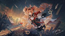  1girl angelina_(arknights) angelina_the_mellow_wish_(arknights) animal_ear_fluff animal_ears araekochab arknights black_collar black_gloves black_hairband black_thighhighs brown_hair building chinese_commentary city cityscape collar commentary_request detached_sleeves dress floating_hair flying fox_ears fox_girl full_body gloves hair_between_eyes hairband high_up highres holding holding_staff index_finger_raised infection_monitor_(arknights) long_hair long_sleeves looking_at_viewer multicolored_hairband outdoors pleated_dress sky smile solo staff star_(sky) star_(symbol) starry_sky sunrise thigh-highs twintails two-tone_hairband very_long_hair white_dress 