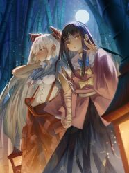  2girls absurdres bamboo bamboo_forest bandaged_arm bandages black_hair black_skirt blue_bow blue_bowtie bow bowtie brown_eyes collared_shirt commentary crescent_print english_commentary forest frilled_shirt_collar frills fujiwara_no_mokou full_moon grey_hair hair_bow highres holding_hands houraisan_kaguya interlocked_fingers long_hair long_skirt long_sleeves moon multiple_girls nature night ofuda ofuda_on_clothes outdoors pants pink_shirt print_skirt red_eyes red_pants shirt skirt snoeflaefk star_(symbol) star_print suspenders touhou very_long_hair white_shirt wide_sleeves yuri 