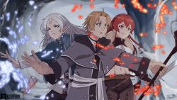  1920x1080 1personproductions belt blonde_hair blue_sarong elf eris_greyrat heterochromia highres holding holding_staff holding_sword holding_weapon mage_staff magic multiple_belts mushoku_tensei official_art official_wallpaper pointy_ears red_eyes red_hair rudeus_greyrat sarong staff sword sylphiette_(mushoku_tensei) wallpaper_(object) weapon white_hair 