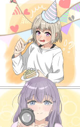  2girls blue_eyes blush cake cake_slice camera camisole food fork grey_camisole grey_hair gujyo_kanade happy_birthday happy_tears hat highres holding holding_fork kamiina_botan_yoeru_sugata_wa_yuri_no_hana mocchii_(user_tkry4523) multiple_girls party_hat purple_hair sweater tears tonami_ibuki violet_eyes 
