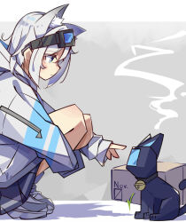  1girl animal_ear_fluff animal_ears black_skirt blue_eyes blush bright_pupils cat cat_ears cat_girl closed_mouth from_side goggles goggles_on_head grey_background grey_shoes highres hood hood_down hoodie letterboxed long_sleeves looking_at_another non-humanoid_robot original outside_border pleated_skirt robot shoes short_hair sidelocks simple_background skirt sleeves_past_wrists sneakers solo squatting tetenka white_hair white_hoodie white_pupils 