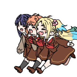  3girls :d ^_^ black_socks blonde_hair blue_hair brown_cardigan brown_dress brown_shoes cardigan closed_eyes commentary dress english_commentary fang floating_hair flower gradient_hair hair_flower hair_ornament hasu_no_sanrenka hasu_no_sora_school_uniform hinoshita_kaho loafers long_hair long_sleeves love_live! love_live!_hasu_no_sora_jogakuin_school_idol_club medium_dress medium_hair multicolored_hair multiple_girls murano_sayaka neckerchief open_cardigan open_clothes open_mouth orange_hair osawa_rurino parted_bangs pink_flower pleated_dress red_neckerchief running sailor_collar sailor_dress school_uniform shinanoya_(satanicad) shoes skin_fang smile socks teeth twintails upper_teeth_only virtual_youtuber white_sailor_collar white_socks winter_uniform 