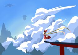  1girl absurdres blue_sky bow brown_hair chinese_commentary clouds commentary_request day detached_sleeves frilled_bow frills hair_bow hair_tubes hakurei_reimu highres long_hair mountain outdoors red_bow red_skirt scarf scenery shining_needle_castle skirt skirt_set sky solo standing_on_torii torii touhou yellow_scarf yu_zuo_jian_lian_jie 