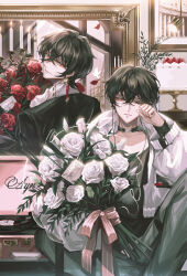  2boys absurdres ayn_alwyn ayn_alwyn_(godheim) black_choker black_hair black_jacket black_shirt bouquet bright_pupils cake cake_stand candle character_name chinese_commentary choker closed_mouth collarbone commentary_request cropped_jacket crossed_bangs dual_persona earphones earrings eye_contact facing_viewer falling_petals feet_out_of_frame flower food glint grey_pants hair_between_eyes hanging_light happy_birthday highres holding holding_bouquet hood hood_down hooded_jacket indoors jacket jewelry knee_up long_sleeves looking_at_another looking_back lovebrush_chronicles male_focus multiple_boys one_eye_closed open_clothes open_jacket pants parted_lips petals phonograph picture_frame pink_ribbon red_eyes red_flower red_petals red_rose ribbon rose rose_petals rubbing_eyes shirt short_hair sideways_glance single_earring sitting smile snow234 strawberry_shortcake through_medium through_painting upper_body vinyl_record white_flower white_jacket white_pupils white_rose white_shirt window 
