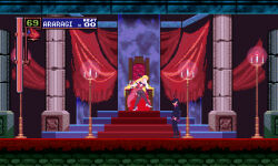  1boy 1girl ahoge araragi_koyomi blonde_hair castlevania:_symphony_of_the_night castlevania_(series) crossed_legs crossover kiss-shot_acerola-orion_heart-under-blade monogatari_(series) oshino_shinobu pixel_art rapa_rachi scene_reference sitting species_connection throne what_is_a_man? 