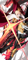  1girl ahoge armor armored_dress artoria_pendragon_(fate) black_pantyhose blonde_hair braid breastplate breasts cloak crown dragon dress fate/grand_order fate_(series) faulds fire fur-trimmed_cloak fur_trim gauntlets gold_armor gold_trim green_eyes hair_bun hair_ribbon highres kousaki_rui long_hair long_sleeves looking_at_viewer lord_logres_(fate) lord_logres_(first_ascension)_(fate) medium_breasts open_mouth pantyhose red_cloak ribbon sidelocks sword weapon white_dress white_ribbon 