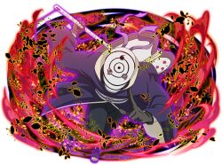  1boy black_hair black_jacket black_pants gunbai hand_fan heterochromia jacket looking_at_viewer mask mask_on_head naruto_(series) naruto_shippuuden naruto_shippuuden:_ultimate_ninja_blazing official_art open-toe_boots pants red_eyes rinnegan sharingan solo tomoe_(symbol) uchiha_obito war_fan white_mask 