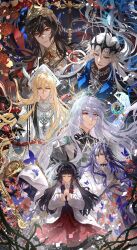  1girl 6+boys :d absurdres alkaid_mcgrath alkaid_mcgrath_(god_forsaken_land) aqua_eyes armor ayn_alwyn ayn_alwyn_(god_forsaken_land) baizhe_shi_tang balance_scale beret black_hair black_hat black_mask black_shirt blonde_hair blue_eyes blue_hair blue_vest braid brooch bug butterfly cael_anselm cael_anselm_(god_forsaken_land) cape cardigan center_frills chinese_commentary clarence_clayden clarence_clayden_(god_forsaken_land) cloak closed_eyes closed_mouth collared_shirt contrast_lapels cowboy_shot curtained_hair dual_persona earrings empty_picture_frame expressionless facial_mark facing_viewer floating_hair flower forehead_mark frills gem gold_collar green_veil hair_between_eyes hat hat_feather head_chain heroine_(lovebrush_chronicles) highres holding holding_another's_hair holding_jewelry holding_pendant hood hood_up jewelry lapels lars_rorschach lars_rorschach_(god_forsaken_land) leaf long_hair long_sleeves looking_ahead looking_at_another looking_at_viewer lovebrush_chronicles maple_leaf mask mitre mole mole_under_eye mouth_mask multicolored_hair multiple_boys official_alternate_hair_color own_hands_clasped own_hands_together parted_lips pendant picture_frame pinstripe_pattern pinstripe_vest pointed_crown purple_butterfly purple_cloak red_eyes red_flower red_gem red_ribbon red_rose red_sash red_skirt red_snake ribbon robe rosary rose sash see-through_clothes see-through_veil shadow_hands shirt shoulder_armor side_braid silver_trim single_earring skirt smile standing streaked_hair teardrop_necklace thorns tunic two-sided_cloak two-sided_fabric upper_body veil very_long_hair vest violet_eyes wavy_hair weighing_scale white_cape white_cardigan white_cloak white_hair white_hat white_robe white_shirt white_streaks white_tunic 