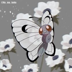  antennae bug butterfly butterfree commentary_request fangs flower flying grey_background highres insect_wings namako_(na_ma_koko) no_humans pokemon pokemon_(creature) pokemon_focus red_eyes white_flower white_wings wings 