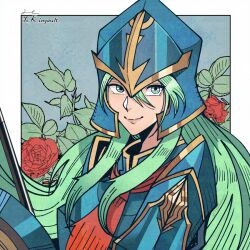  1girl armor blue_armor blue_helmet closed_mouth fire_emblem fire_emblem:_radiant_dawn flower green_eyes green_hair helmet herheim holding holding_polearm holding_shield holding_weapon lips long_hair nephenee_(fire_emblem) plant polearm red_scarf rose scarf shield smile solo upper_body weapon 