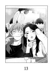  2girls amusement_park animal_ears bandaid bandaid_on_face blush bumped_into_x castle cat_ears cha_dahm cheek_poking closed_eyes commentary_request greyscale heads_together highres holding holding_photo je_minjin korean_commentary l_hand long_hair monochrome multiple_girls official_art photo_(object) poking rabbit_ears shirt smile sweater t-shirt tower upper_body yeongol yuri 