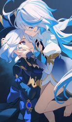 2girls absurdres ahoge barefoot black_gloves blue_eyes blue_hair blue_hat blue_jacket closed_mouth commentary_request dress duplicate focalors_(genshin_impact) foot_out_of_frame furina_(genshin_impact) genshin_impact gloves hand_on_another's_cheek hand_on_another's_face hand_on_another's_head hat highres holding_another's_wrist jacket juliet_sleeves long_hair long_sleeves looking_at_another multicolored_hair multiple_girls parted_lips puffy_sleeves shali short_hair simple_background smile standing standing_on_one_leg streaked_hair top_hat very_long_hair vision_(genshin_impact) white_dress white_hair 