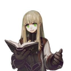  1girl belt black_belt blonde_hair blush book brown_gloves brown_jacket chain chain_necklace commentary_request fantasy gloves green_eyes hands_up holding holding_book jacket jewelry jun_(navigavi) long_hair long_sleeves looking_at_viewer making-of_available multicolored_jacket necklace nose open_book open_mouth original partially_unbuttoned sidelocks simple_background smile solo teeth two-tone_jacket upper_body upper_teeth_only white_background white_jacket 