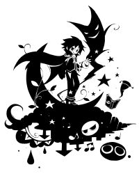  1boy beamed_eighth_notes blending book cape clock closed_mouth commentary creature crescent eighth_note floating floating_object ghost glasses hat klug_(puyopuyo) leaf looking_at_viewer male_focus musical_note on_crescent open_book orange_lore pants puyo_(puyopuyo) puyopuyo puyopuyo_20th_anniversary quarter_note shirt shoes short_hair sleeveless sleeveless_jacket smile standing star_(symbol) strange_klug v-shaped_eyes 