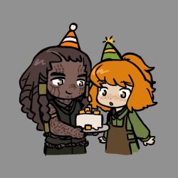  2girls beifeeng braided_dreadlocks brown_hair closed_mouth cowboy_shot green_eyes green_vest grey_background hair_slicked_back half_updo hat ishmael_(project_moon) ishmael_(the_pequod)_(project_moon) limbus_company medium_hair multiple_girls open_mouth orange_hair party_hat project_moon queequeg_(project_moon) simple_background smile vest 