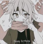  1other alternate_color androgynous black_shirt chinese_commentary chuqi1030 closed_mouth colored_skin commentary_request english_text green_headband green_shirt grey_eyes grey_hair happy_birthday headband holding holding_leaf kurohebi leaf len&#039;en no_nose open_clothes open_shirt other_focus red_scarf scarf shirt short_sleeves smile solo white_skin 