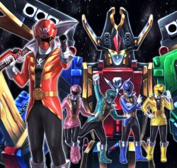  2girls 3boys aiming aiming_at_viewer assault_visor belt black_bodysuit black_visor blue_boots blue_helmet blue_jacket bodysuit boots commentary_request facial_mark forehead_mark gloves glowing glowing_eyes gokai_blue gokai_green gokai_gun gokai_pink gokai_red gokai_saber gokai_yellow gokaioh gold_belt gold_trim green_boots green_eyes green_helmet green_jacket gun handgun helmet holding holding_gun holding_sword holding_weapon jacket kaizoku_sentai_gokaiger mecha multiple_boys multiple_girls open_clothes open_jacket pink_boots pink_helmet pink_jacket pink_skirt red_boots red_helmet red_jacket robot shingo_(picturepuzzle) skirt super_sentai sword tokusatsu weapon white_gloves yellow_boots yellow_helmet yellow_jacket yellow_skirt 