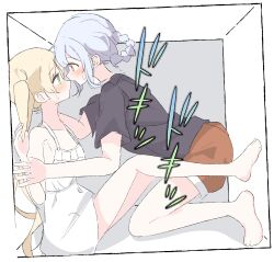  2girls bare_shoulders black_shirt blonde_hair blue_hair blush box braid braided_hair_rings brown_shoes collarbone commentary_request dress green_eyes hair_rings highres in_box in_container long_hair looking_at_another mahou_shoujo_no_majo_saiban march_23th multiple_girls shirt shoes short_hair sleeveless sleeveless_dress sundress tachibana_sherry tono_hanna twintails white_dress yellow_eyes yuri 
