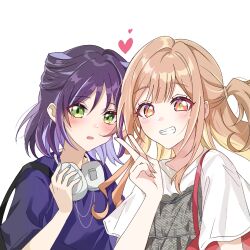  2girls bag black_hair blonde_streaks blue_nails blue_shirt blush bob_cut brown_hair camisole camisole_over_clothes chinese_commentary cho_kaguya-hime! colored_inner_hair commentary_request crew_neck dot_nose empire_waist fang fingernails green_eyes green_pupils grey_camisole grin hair_horns hair_tie hand_up headphones headphones_around_neck heart highres jewelry kaguya_(cho_kaguya-hime!) kaguya_(wego)_(cho_kaguya-hime!) long_fingernails long_hair looking_at_viewer multicolored_hair multiple_girls multiple_necklaces nail_polish necklace one_side_up orange_eyes parted_lips purple_streaks red_bag sakayori_iroha sakayori_iroha_(wego) shirt short_hair shoulder_bag side-by-side sidelocks simple_background smile streaked_hair t-shirt teeth two-tone_hair unmoving_pattern upper_body v variant_set wego white_background white_shirt xing_xiu_kara 